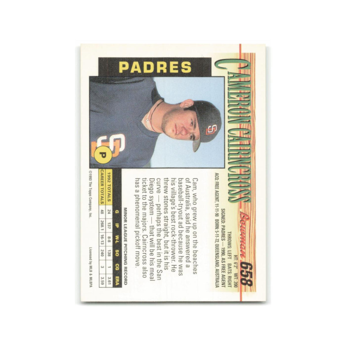 Cameron Cairncross Rookie 1993 Bowman #658 San Diego Padres Baseball Card NM