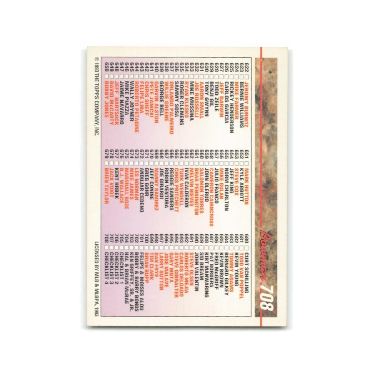 Checklist 1993 Bowman #708 Baseball Card NM