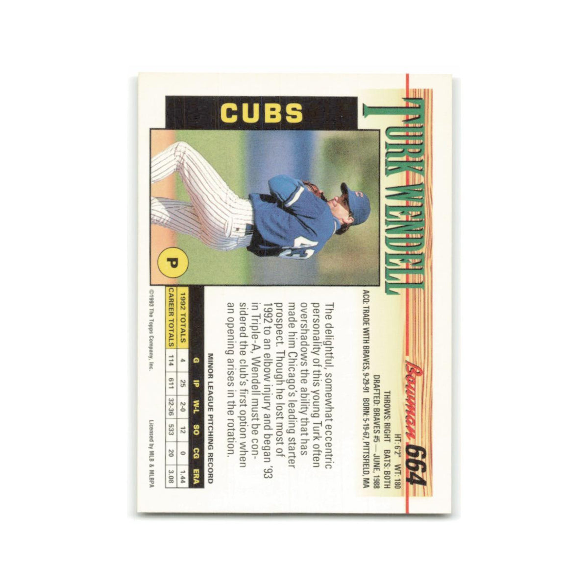 Turk Wendell 1993 Bowman #664 Chicago Cubs Baseball Card NM