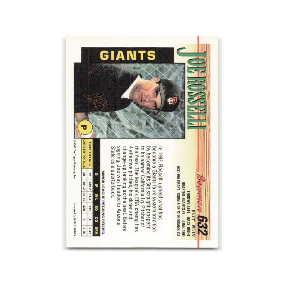 Joe Rosselli Rookie 1993 Bowman #632 San Francisco Giants Baseball Card NM
