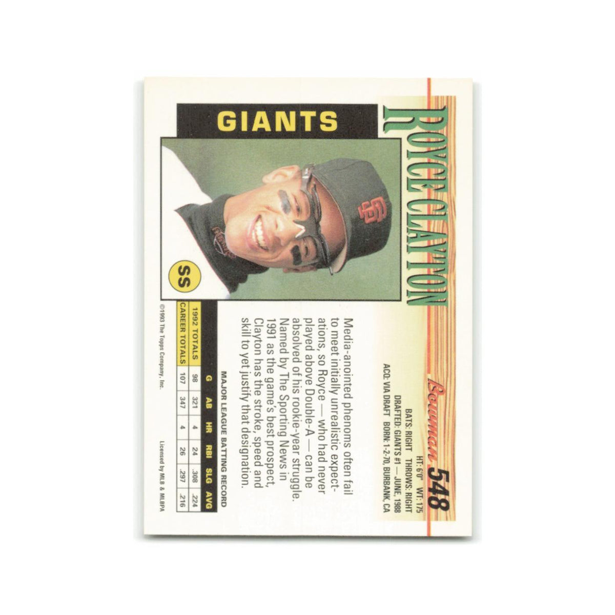 Royce Clayton 1993 Bowman #548 San Francisco Giants Baseball Card NM
