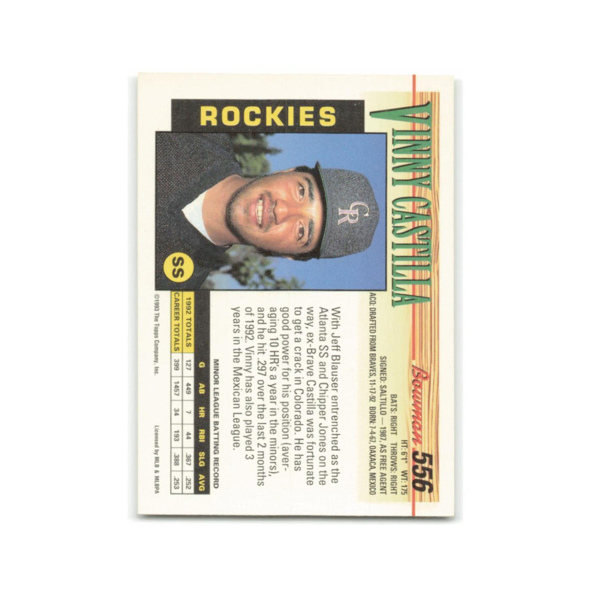 Vinny Castilla 1993 Bowman #556 Colorado Rockies Baseball Card NM