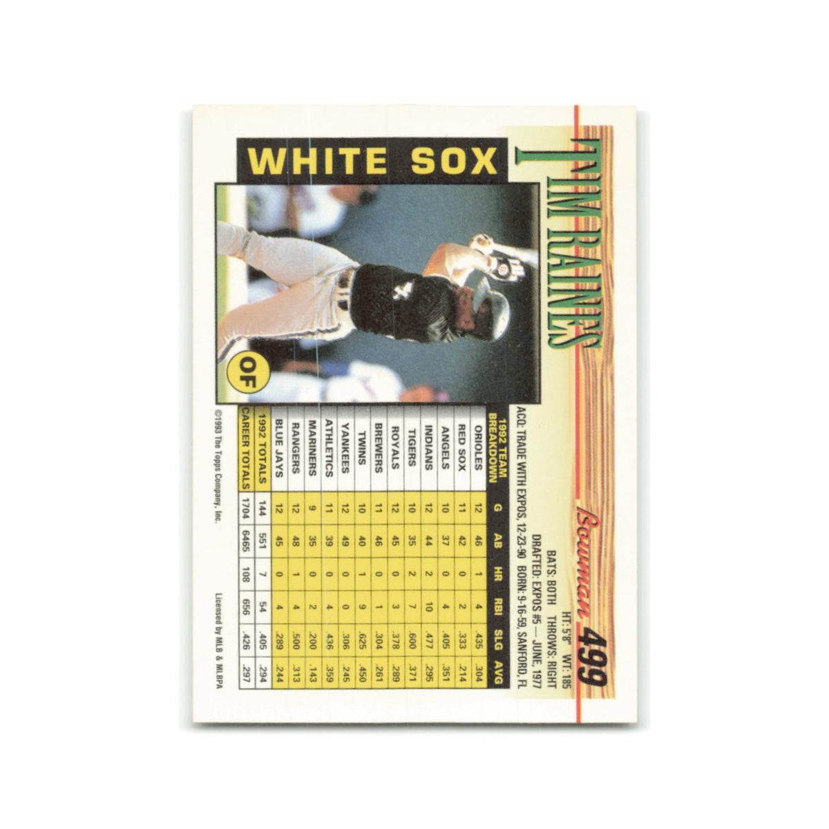 Tim Raines 1993 Bowman #499 Chicago White Sox Baseball Card NM