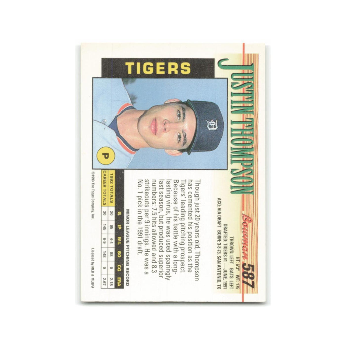 Justin Thompson 1993 Bowman #587 Detroit Tigers Baseball Card NM