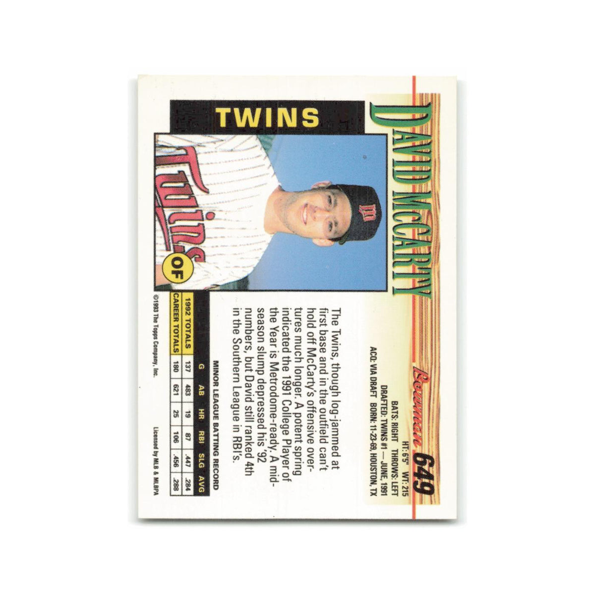 David McCarty 1993 Bowman #649 Minnesota Twins Baseball Card NM