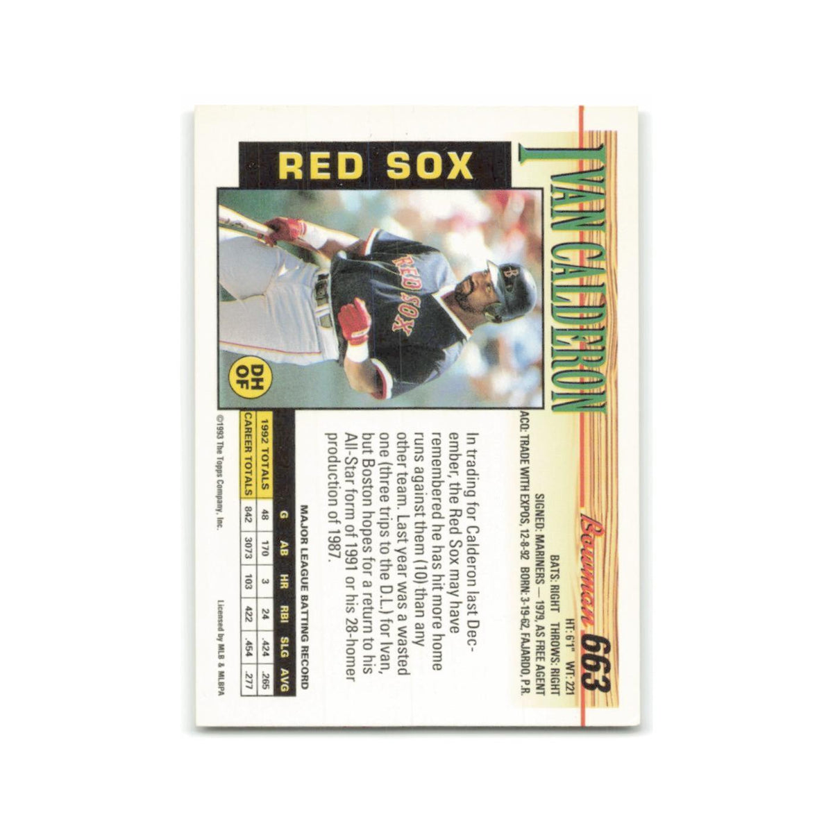Ivan Calderon 1993 Bowman #663 Boston Red Sox Baseball Card NM