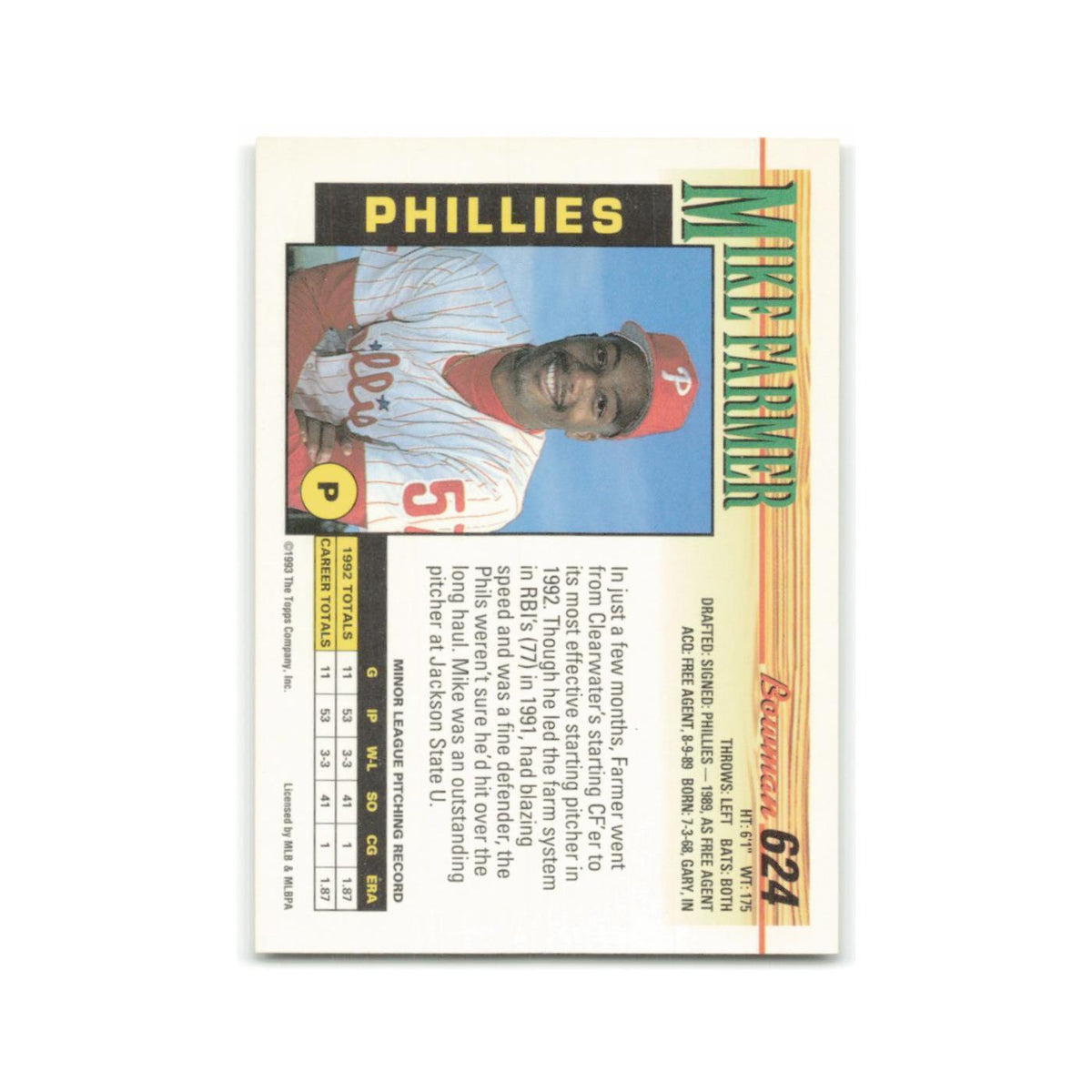 Mike Farmer Rookie 1993 Bowman #624 Philadelphia Phillies Baseball Card NM