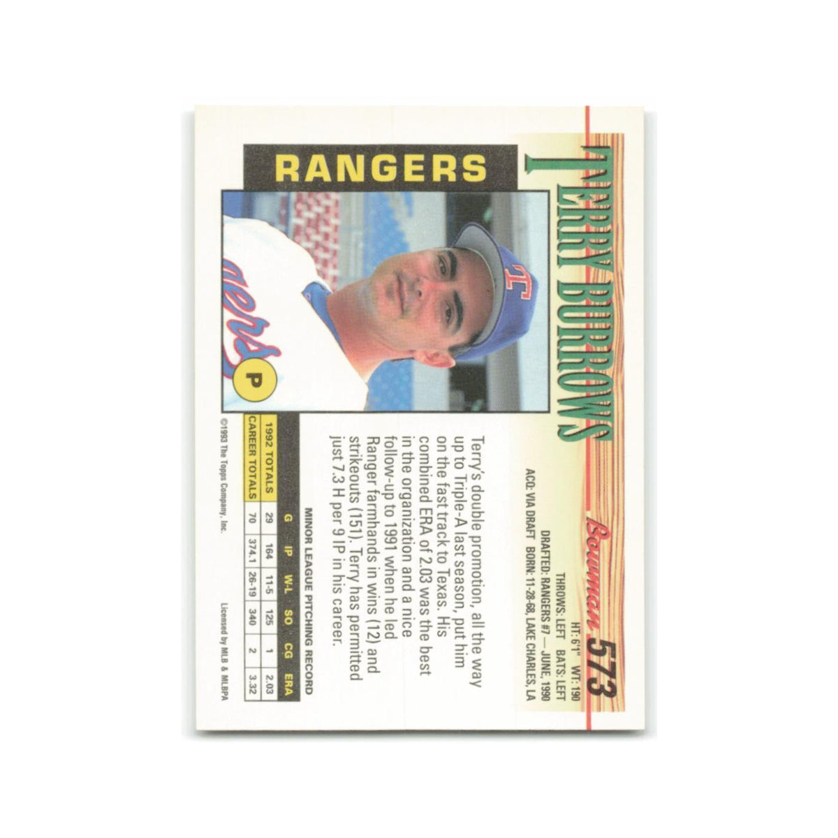 Terry Burrows Rookie 1993 Bowman #573 Texas Rangers Baseball Card NM