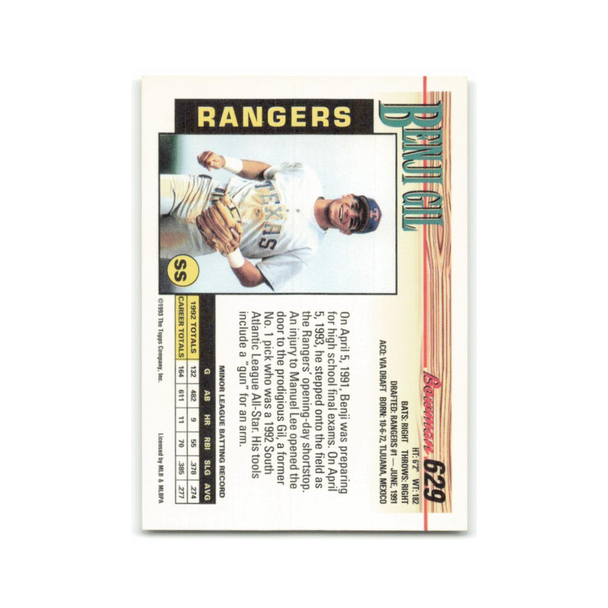 Benji Gil 1993 Bowman #629 Texas Rangers Baseball Card NM
