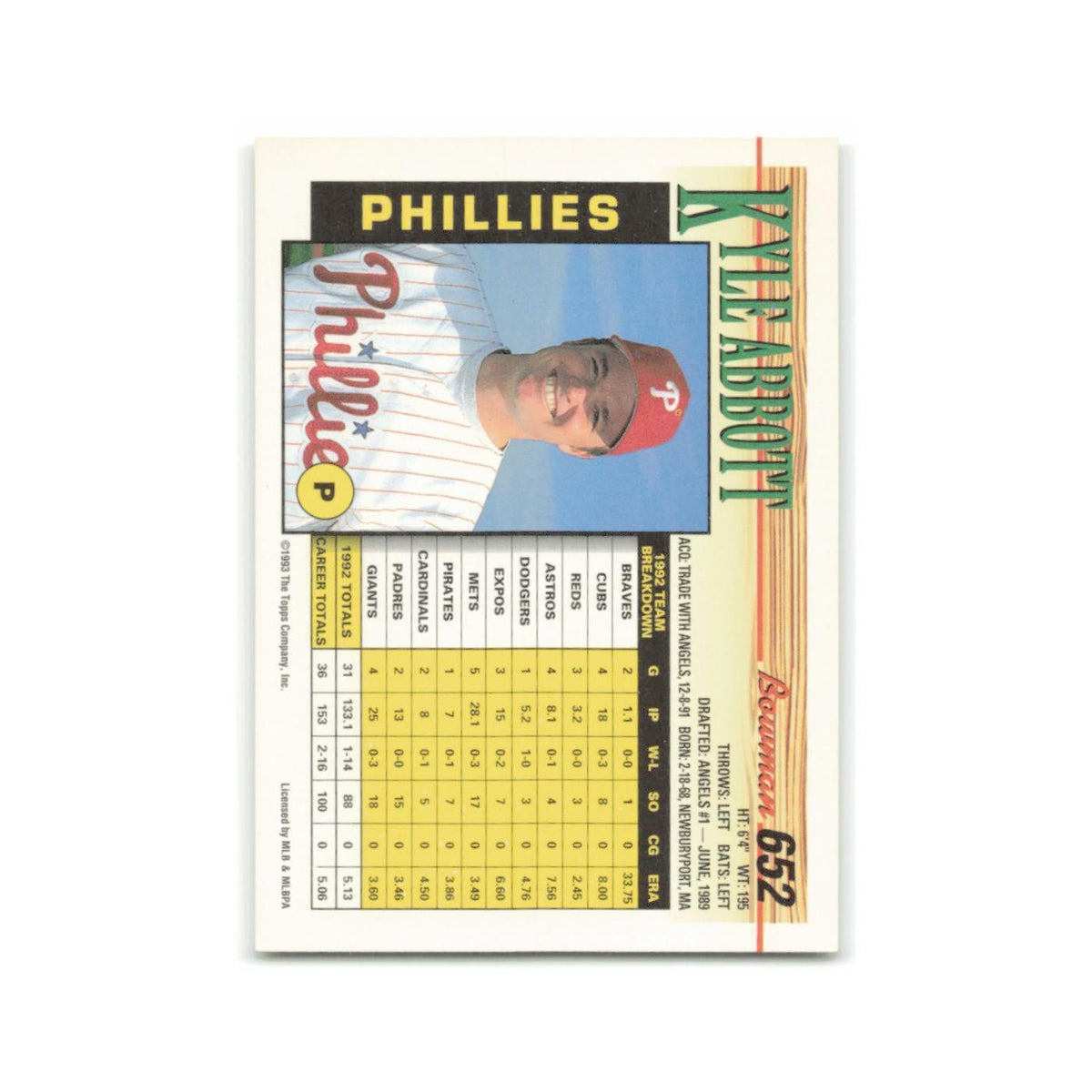 Kyle Abbott 1993 Bowman #652 Philadelphia Phillies Baseball Card NM