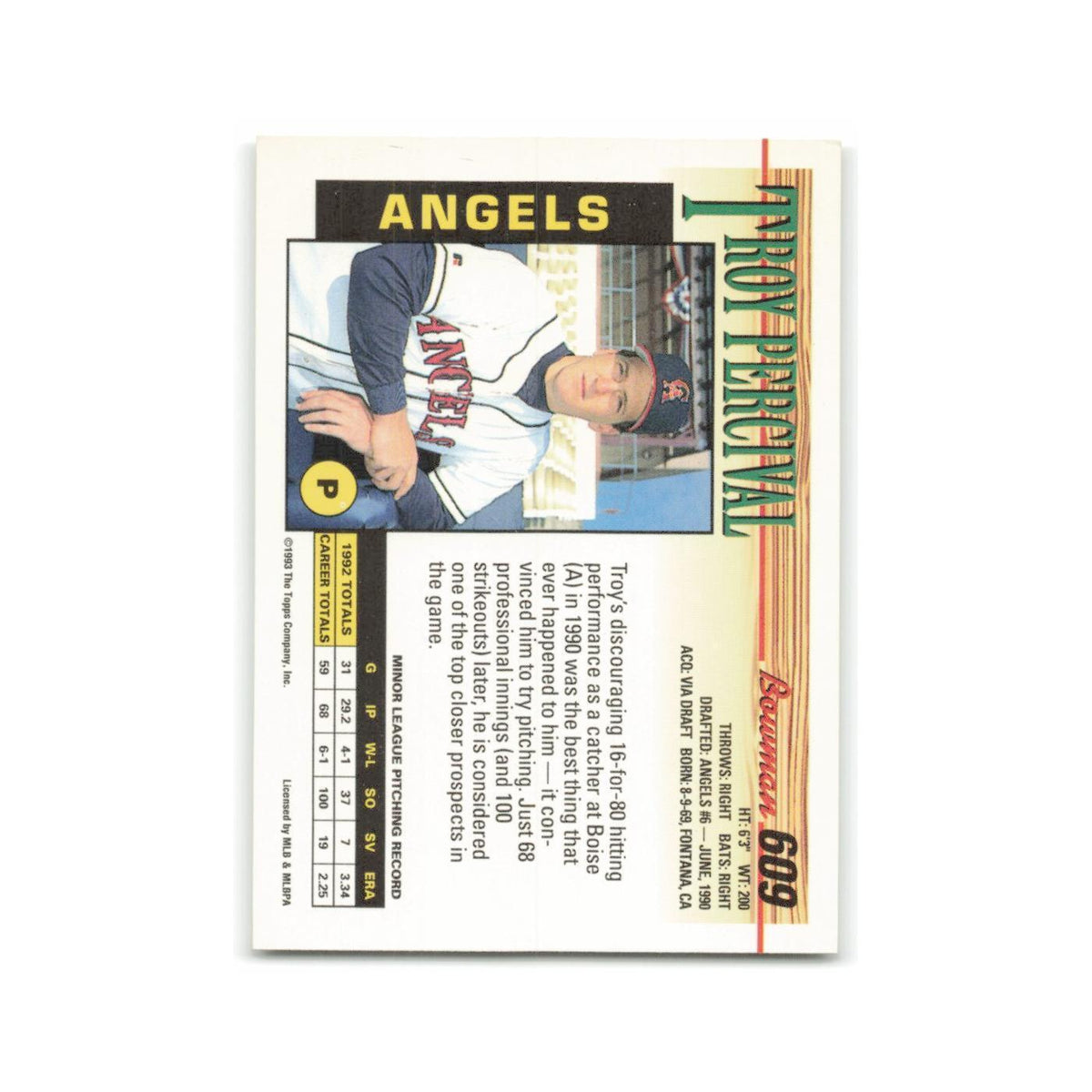 Troy Percival 1993 Bowman #609 California Angels Baseball Card NM