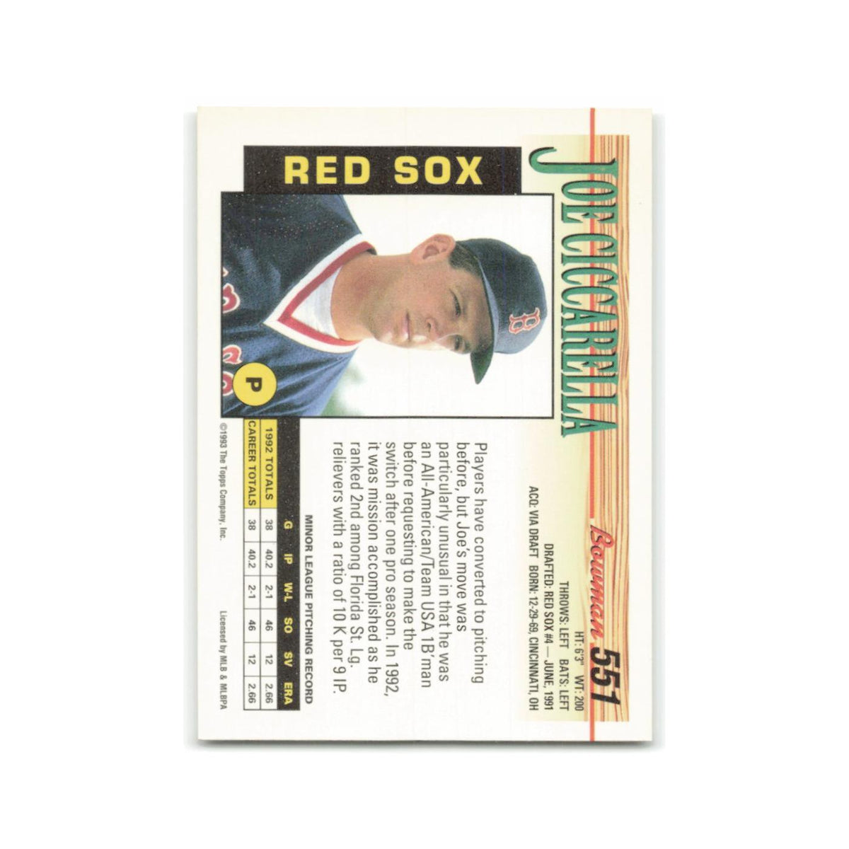 Joe Ciccarella Rookie 1993 Bowman #551 Boston Red Sox Baseball Card NM