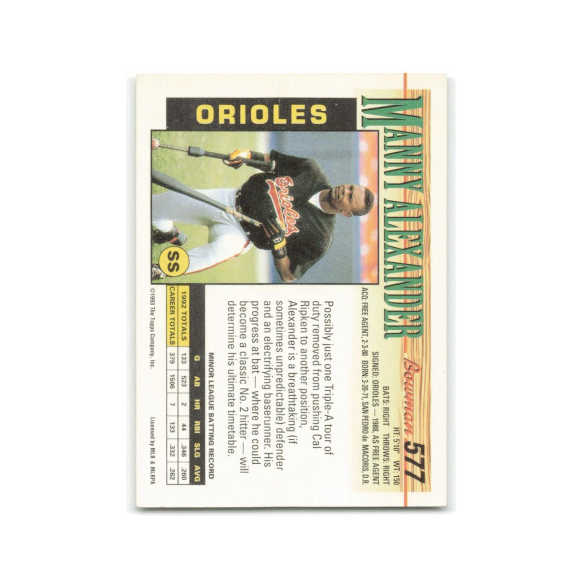 Manny Alexander 1993 Bowman #577 Baltimore Orioles Baseball Card NM