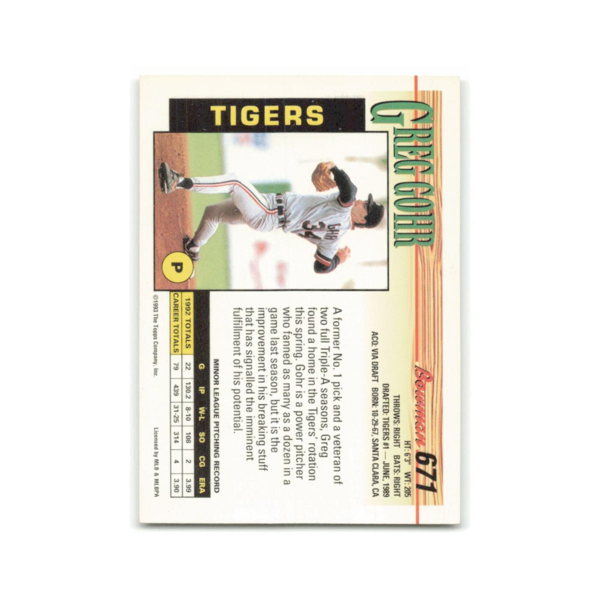 Greg Gohr 1993 Bowman #671 Detroit Tigers Baseball Card NM