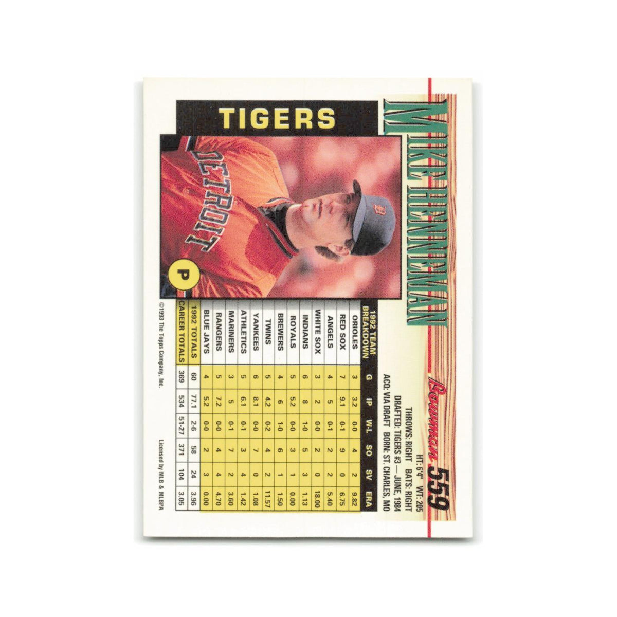 Mike Henneman 1993 Bowman #559 Detroit Tigers Baseball Card NM