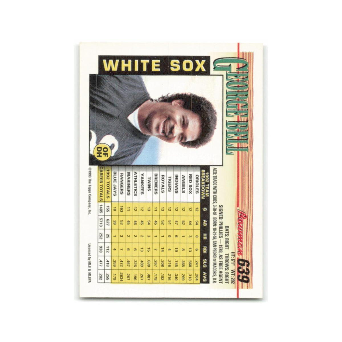 George Bell 1993 Bowman #639 Chicago White Sox Baseball Card NM
