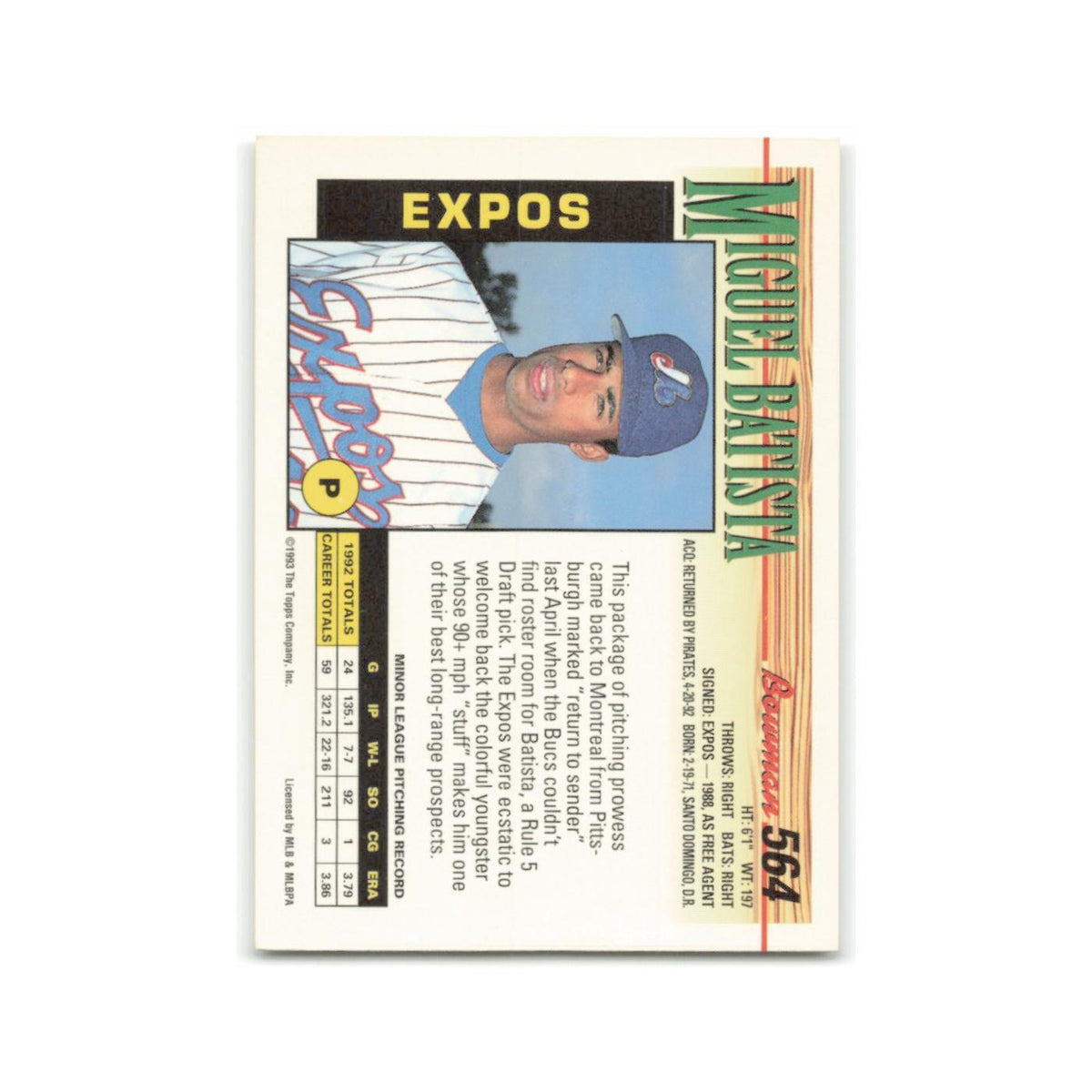 Miguel Batista Rookie 1993 Bowman #564 Montreal Expos Baseball Card NM