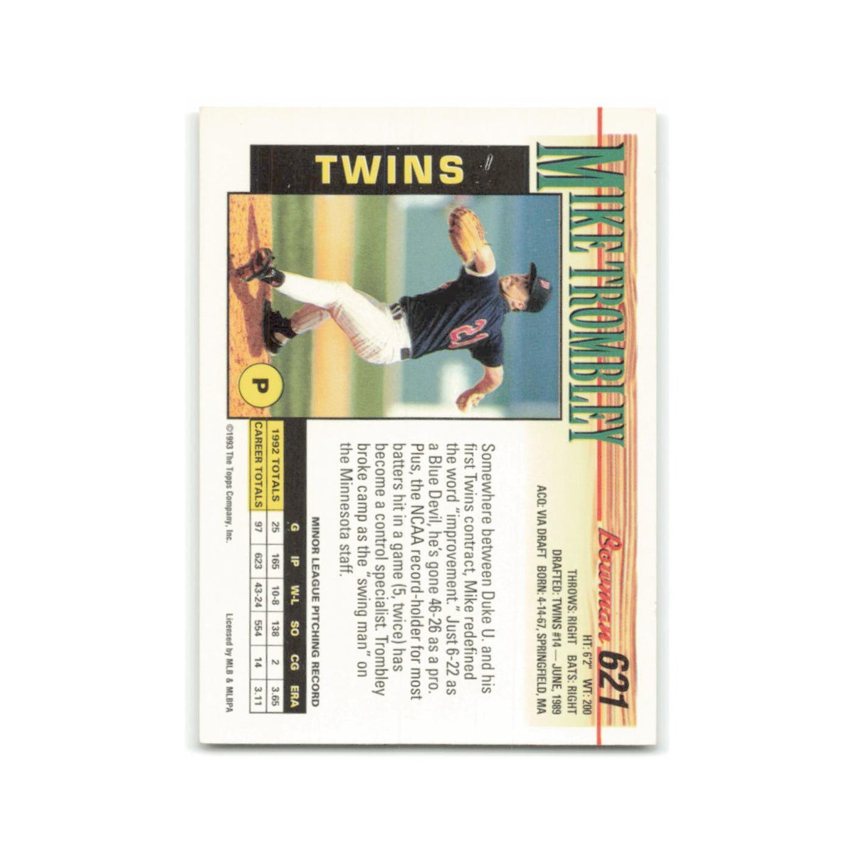 Mike Trombley 1993 Bowman #621 Minnesota Twins Baseball Card NM