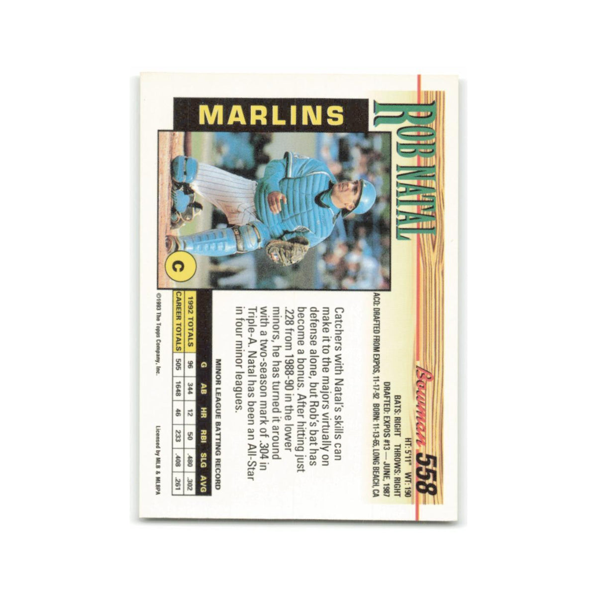 Rob Natal 1993 Bowman #5 Florida Marlins Baseball Card NM