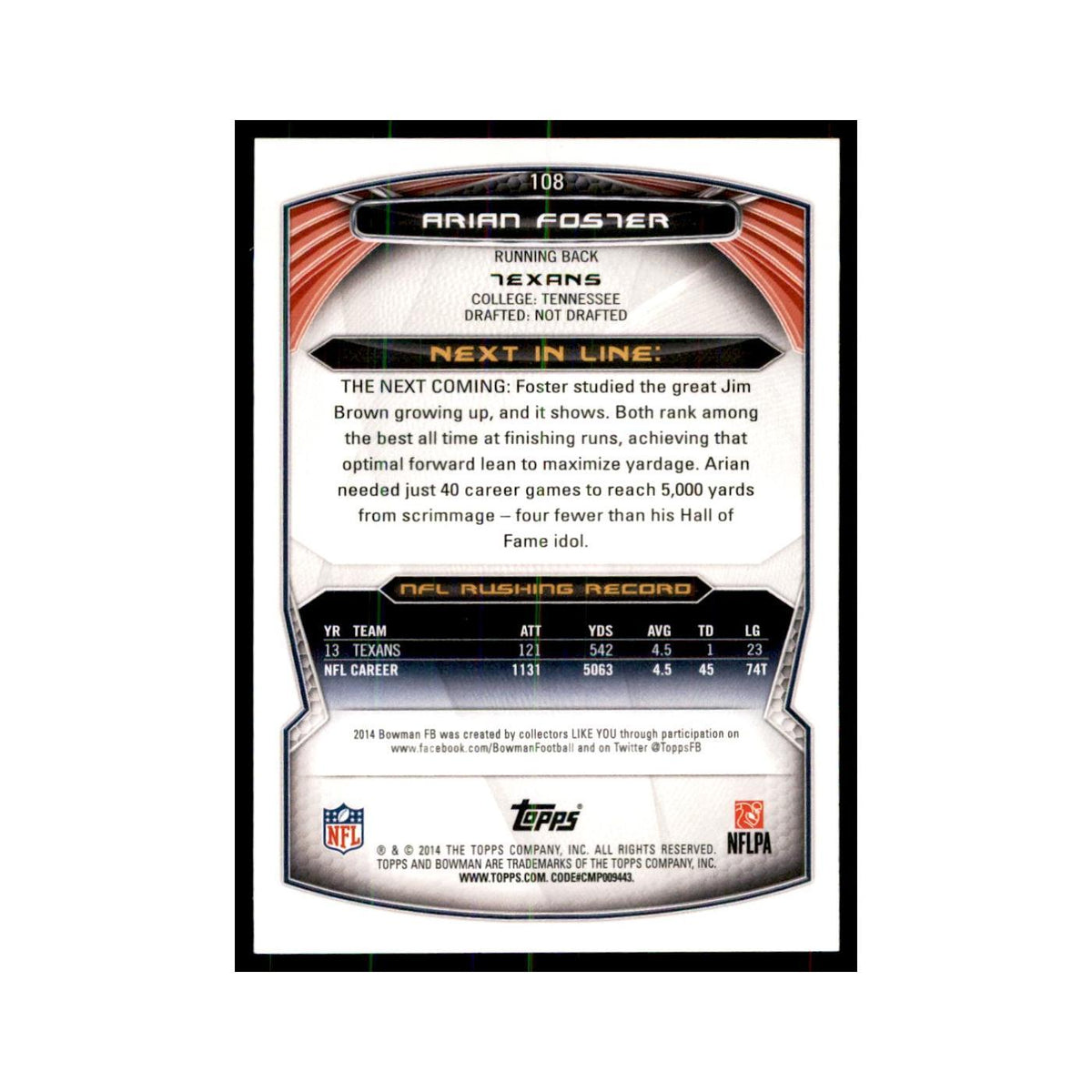 2014 Bowman Foil Arian Foster Football Cards #108