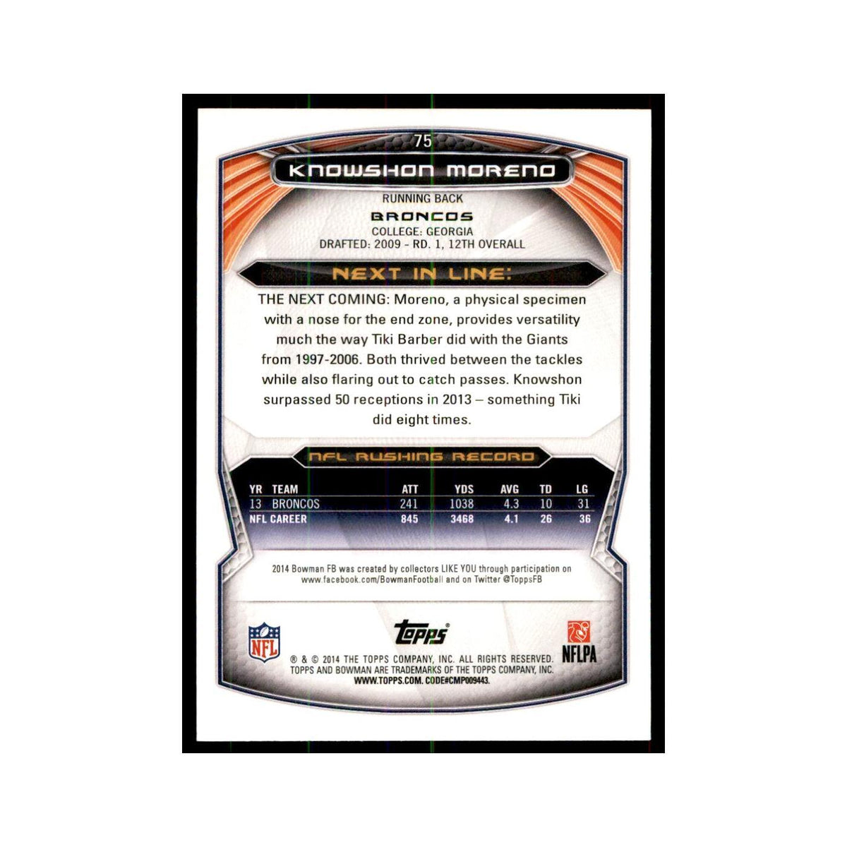 2014 Bowman Foil Knowshon Moreno Football Cards #75