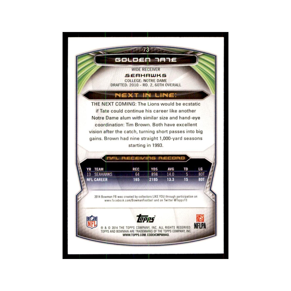 2014 Bowman Foil Golden Tate Football Cards #73