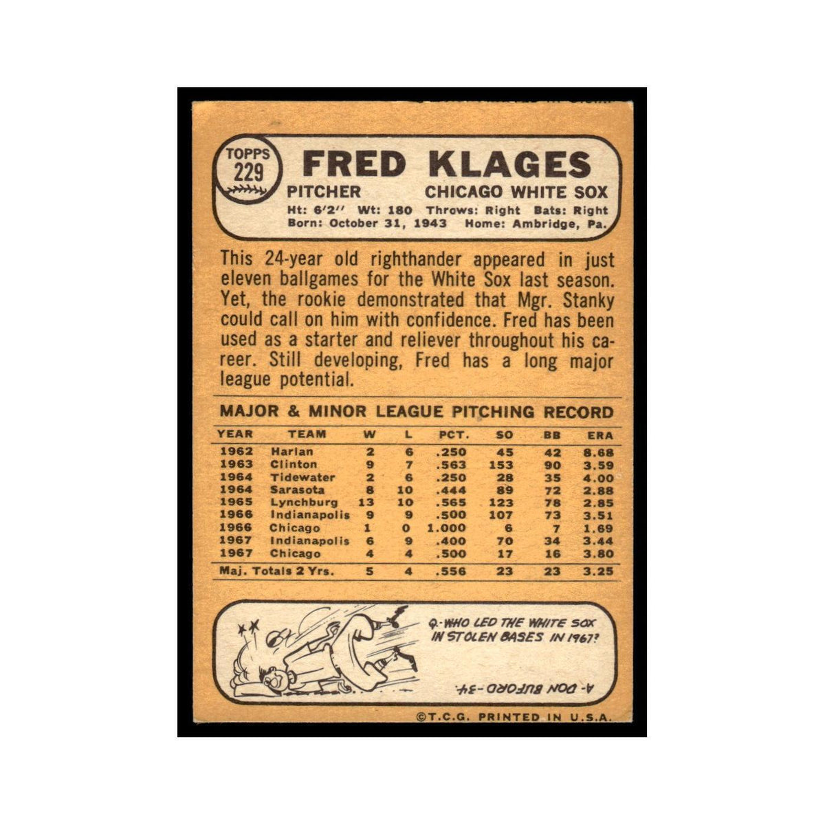 1968 Topps Fred Klages White Sox #229