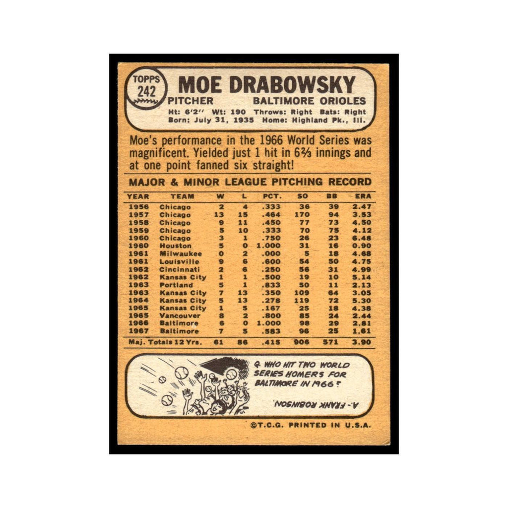 1968 Topps Moe Drabowsky Orioles #242