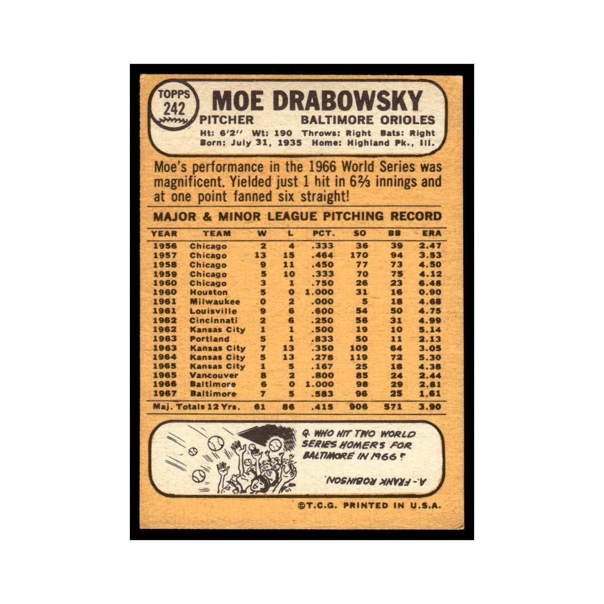 1968 Topps Moe Drabowsky Orioles #242
