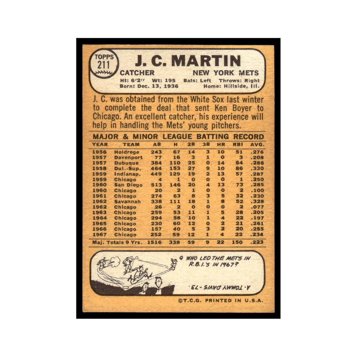 1968 Topps J.C. Martin Mets #211