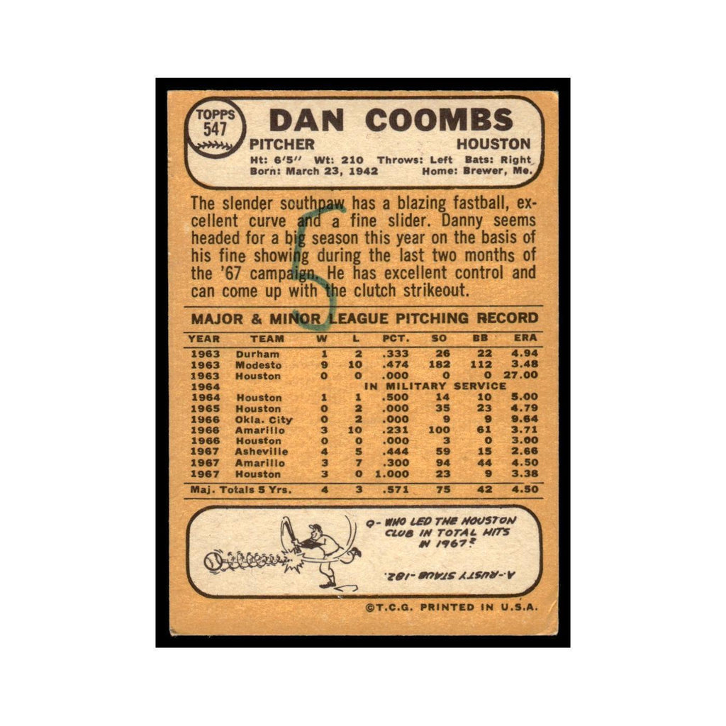 1968 Topps Dan Coombs Astros #547