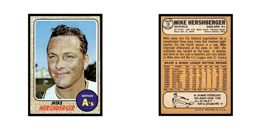 1968 Topps Mike Hershberger Athletics #18