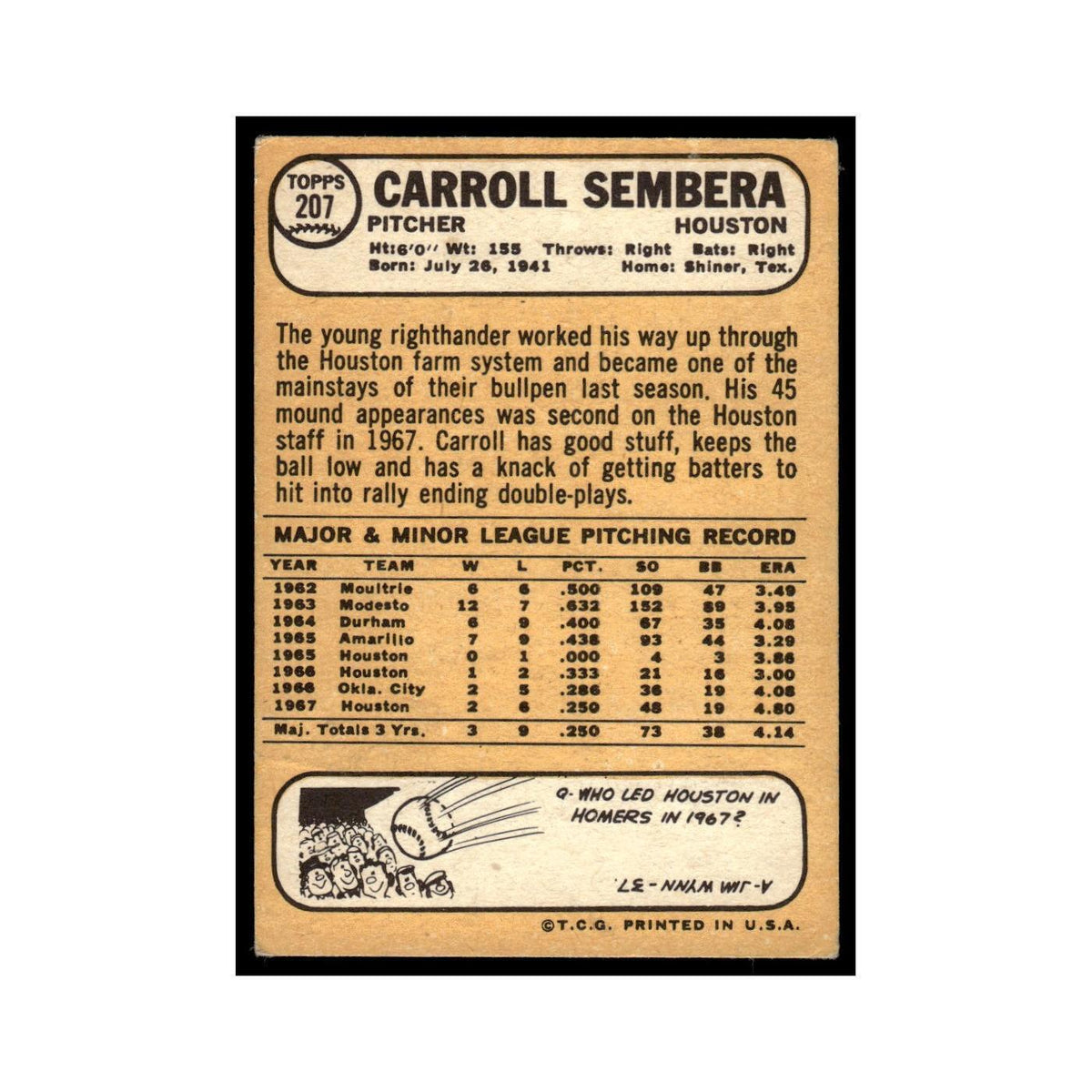 1968 Topps Carroll Sembera Astros #207
