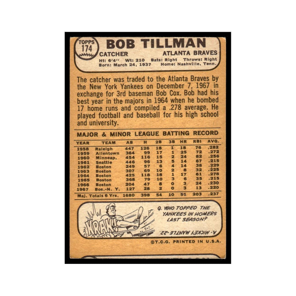 1968 Topps Bob Tillman Braves #174