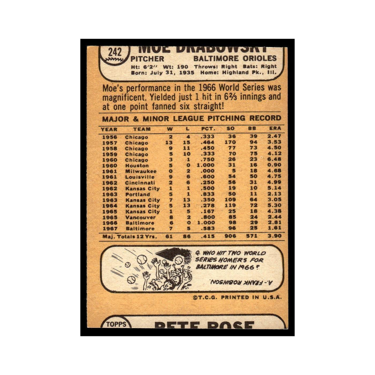 1968 Topps Moe Drabowsky Orioles #242