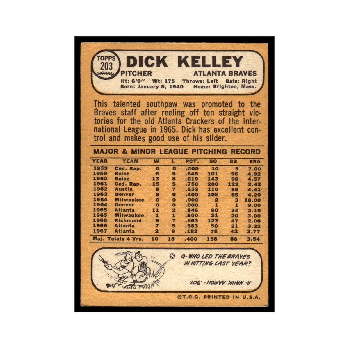 1968 Topps Dick Kelley Braves #203