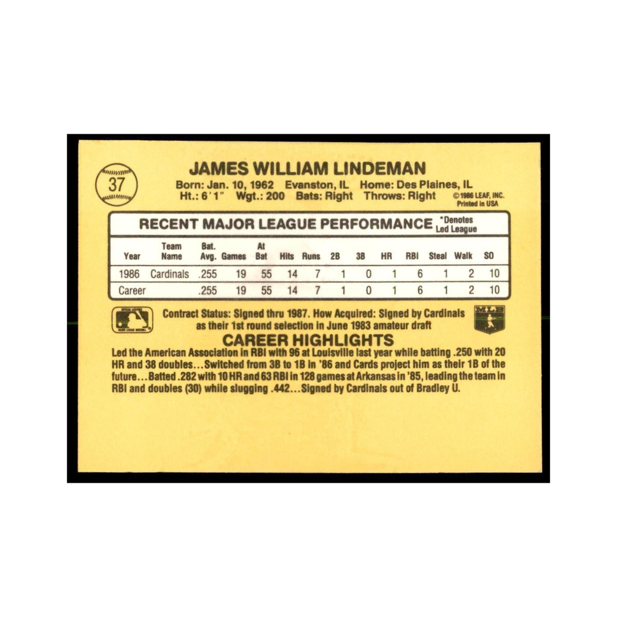 1987 Donruss Jim Lindeman RC Baseball Cards #37