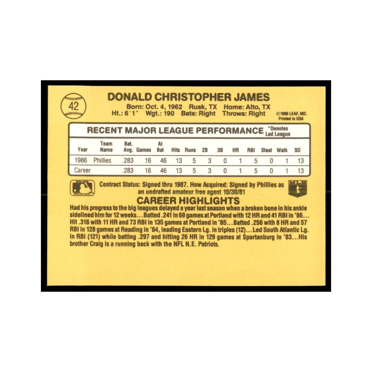 1987 Donruss Chris James RC Baseball Cards #42