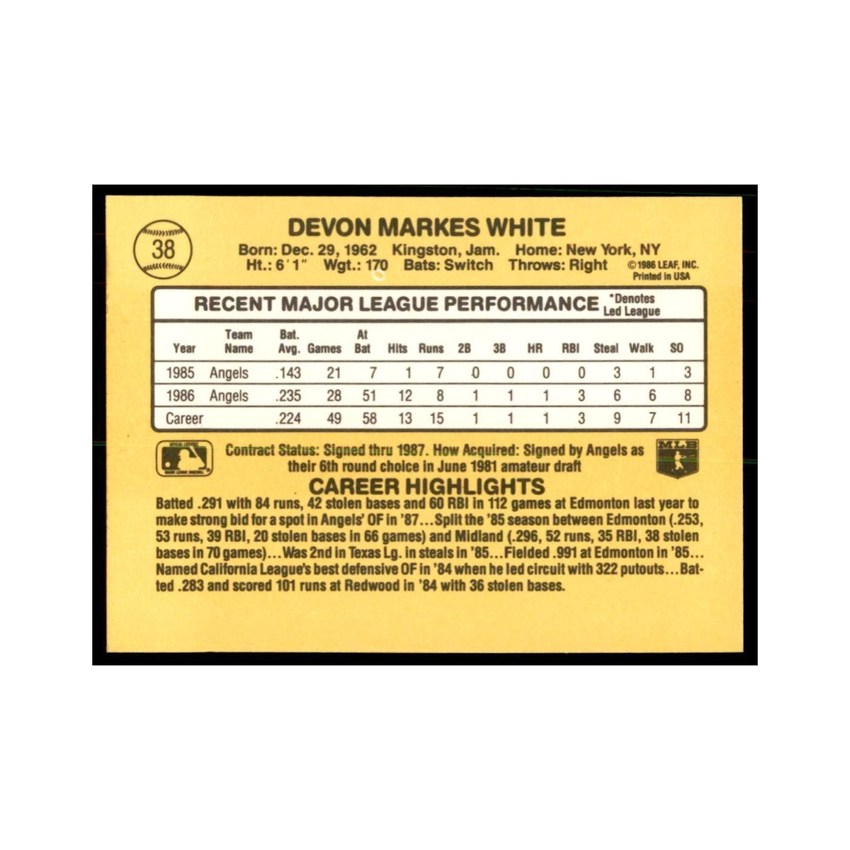 1987 Donruss Devon White RC Baseball Cards #38