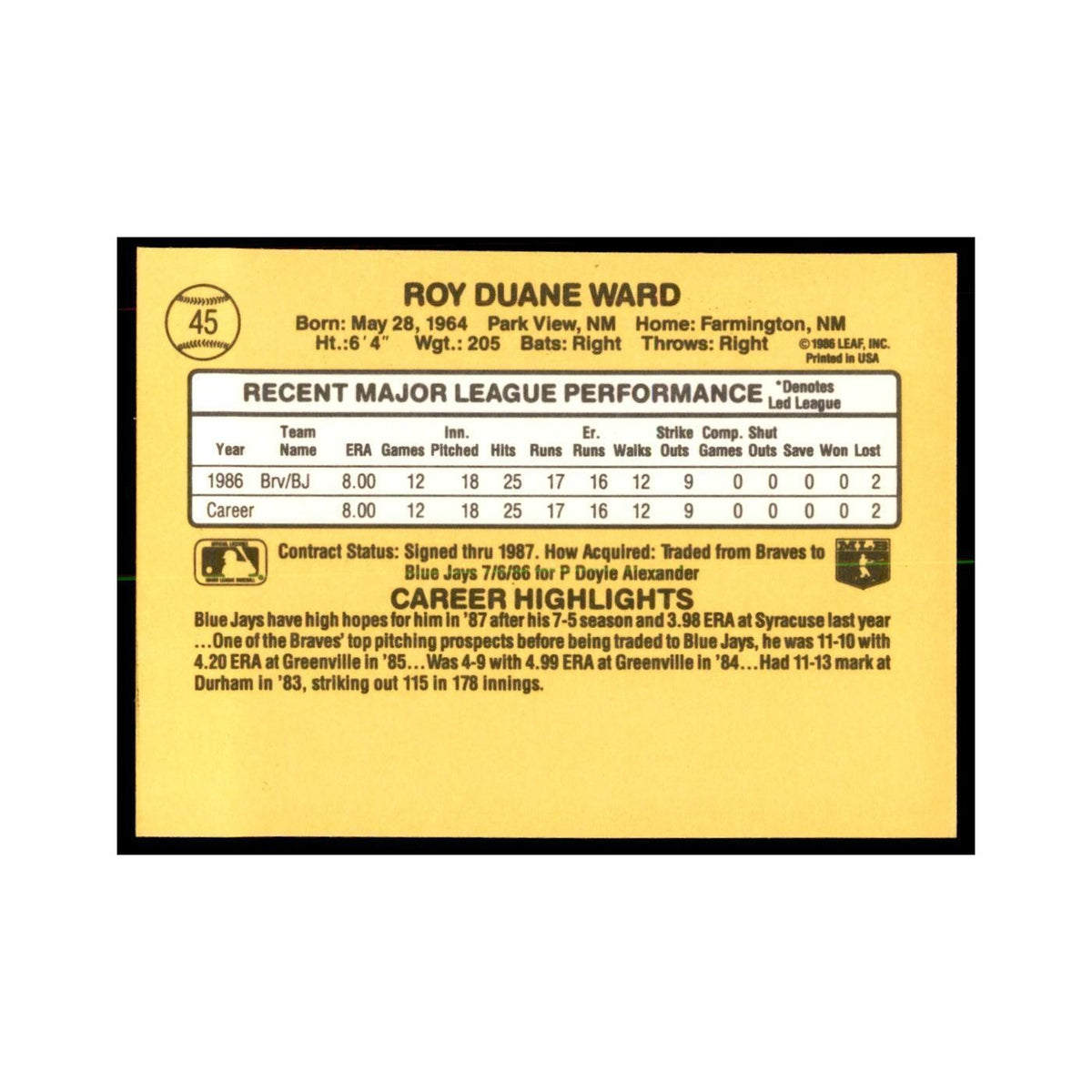 1987 Donruss Duane Ward RC Baseball Cards #45
