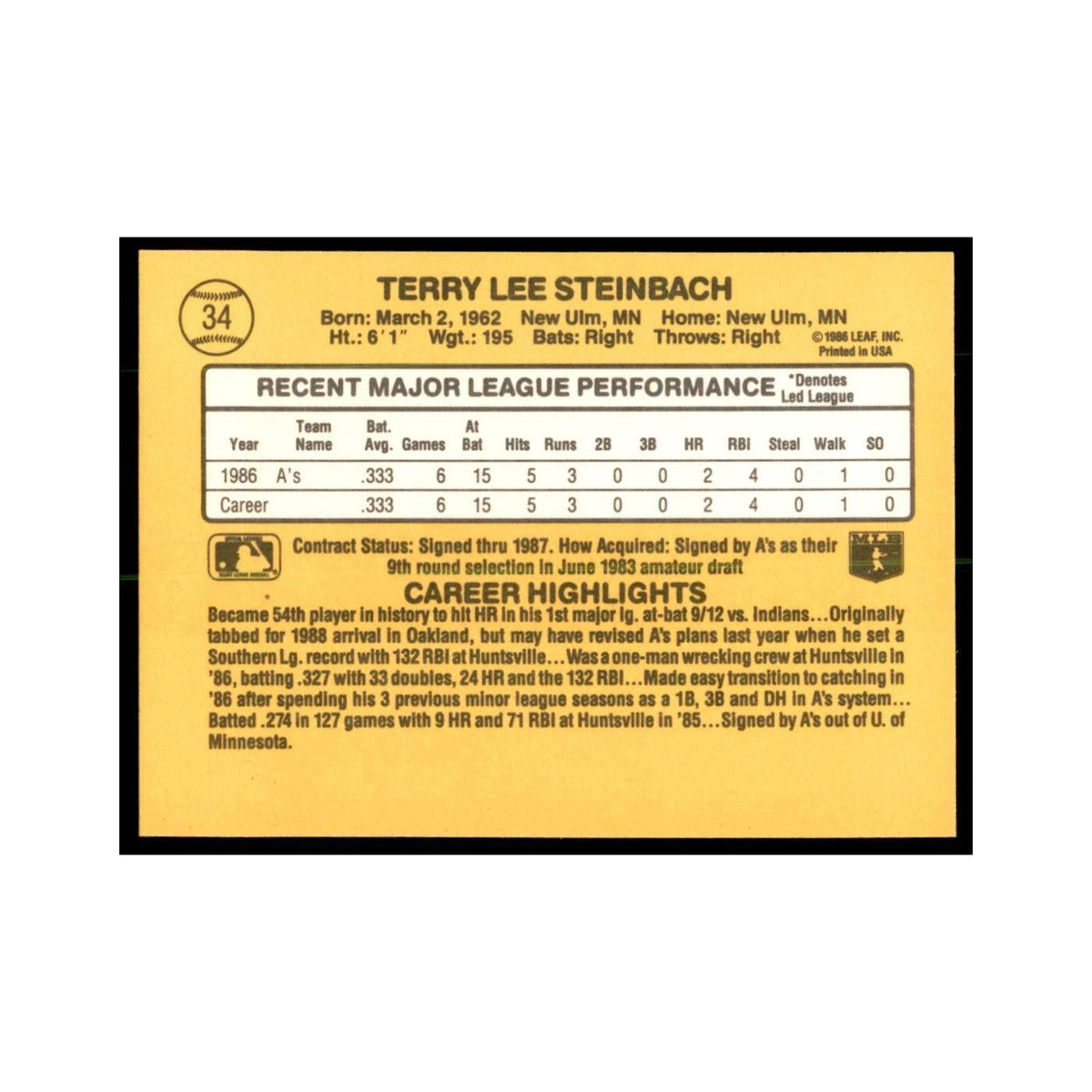 1987 Donruss Terry Steinbach RC Baseball Cards #34