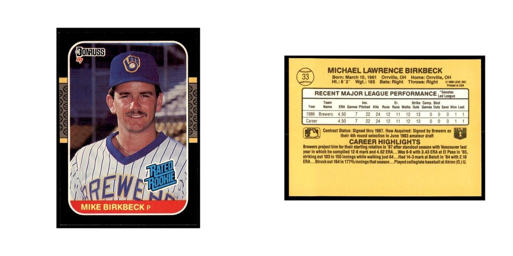 1987 Donruss Mike Birkbeck RC Baseball Cards #33