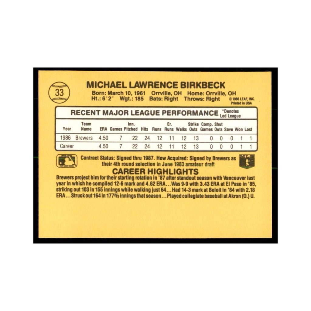 1987 Donruss Mike Birkbeck RC Baseball Cards #33