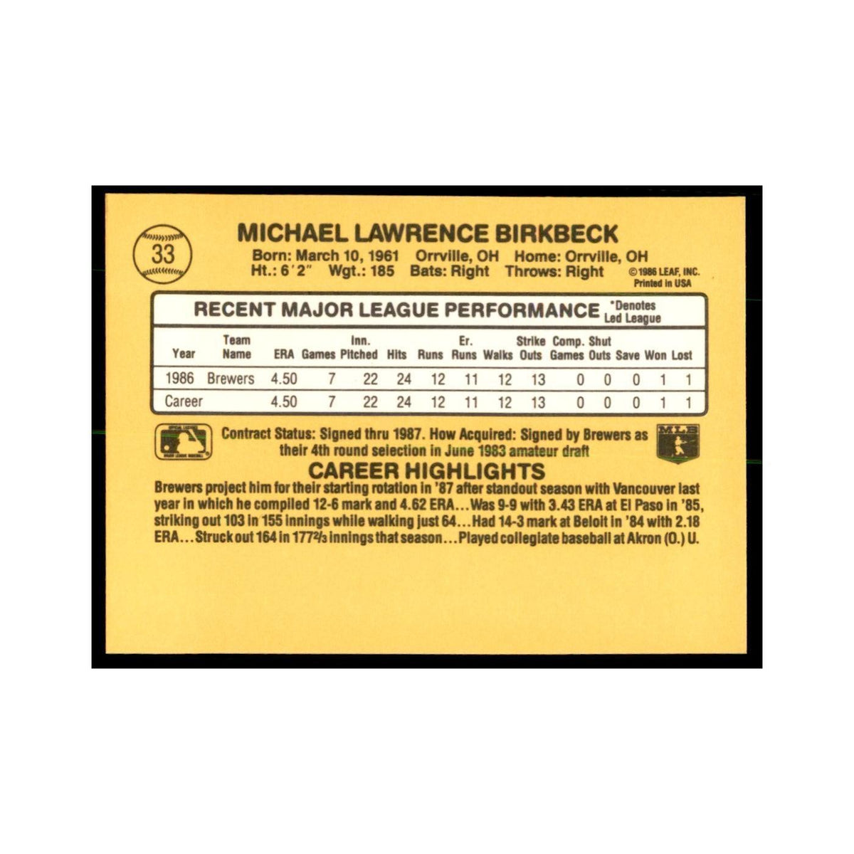 1987 Donruss Mike Birkbeck RC Baseball Cards #33