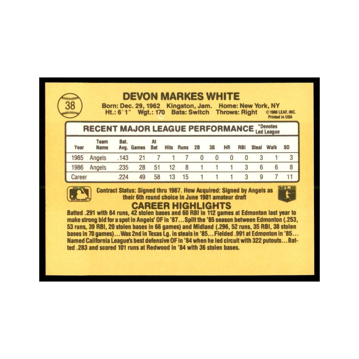1987 Donruss Devon White RC Baseball Cards #38