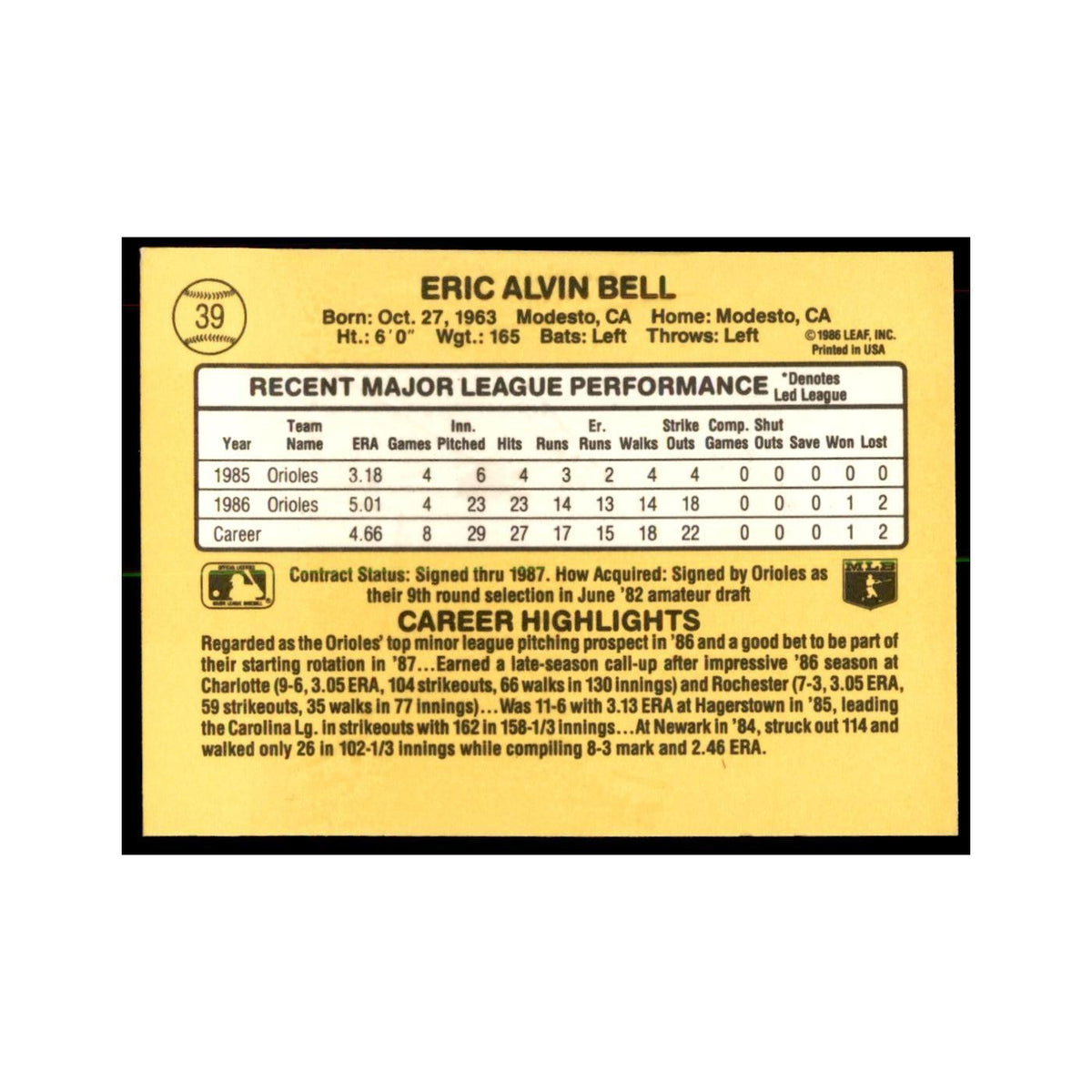 1987 Donruss Eric Bell RC Baseball Cards #39