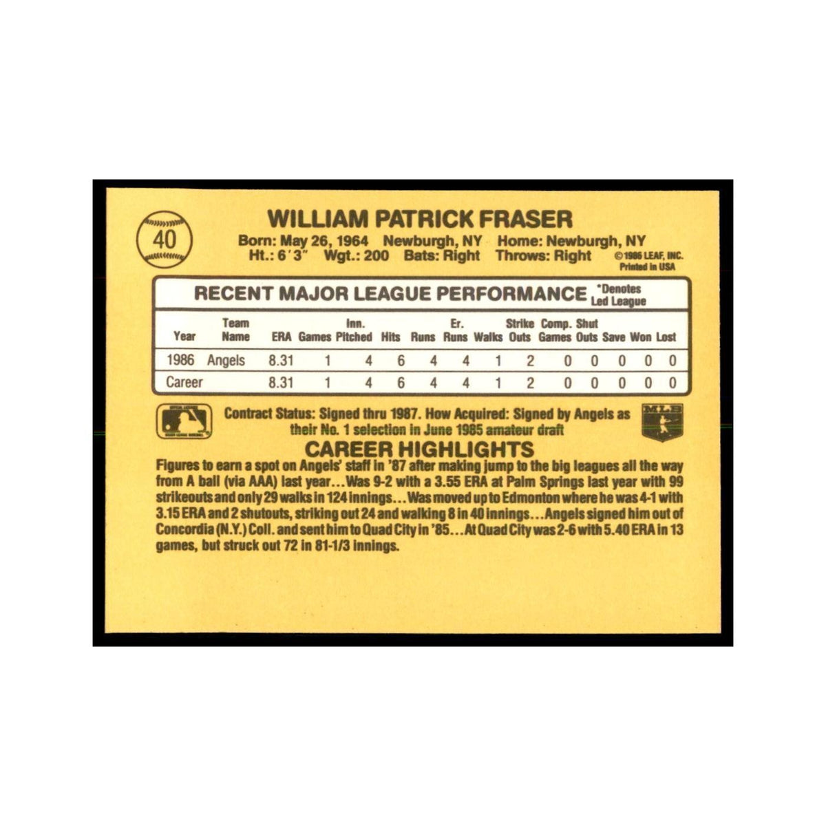 1987 Donruss Will Fraser RC Baseball Cards #40