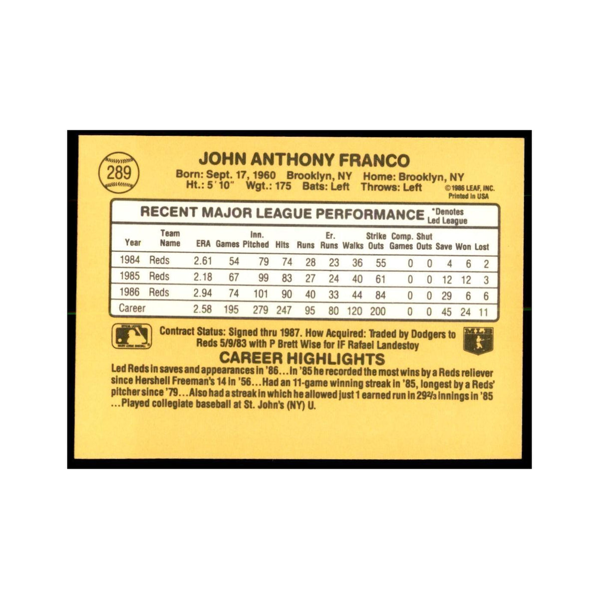 1987 Donruss John Franco Baseball Cards #289
