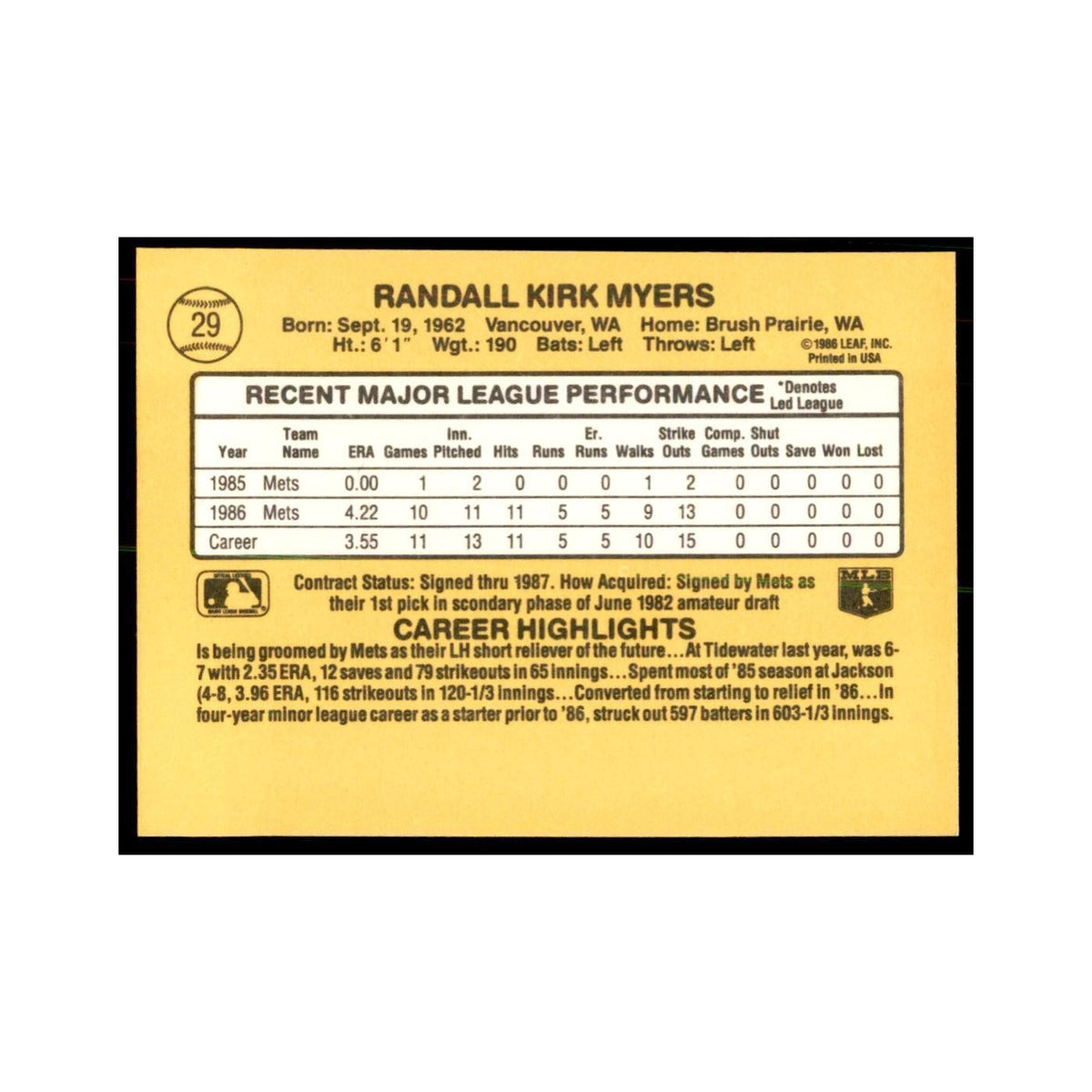 1987 Donruss Randy Myers RC Baseball Cards #29