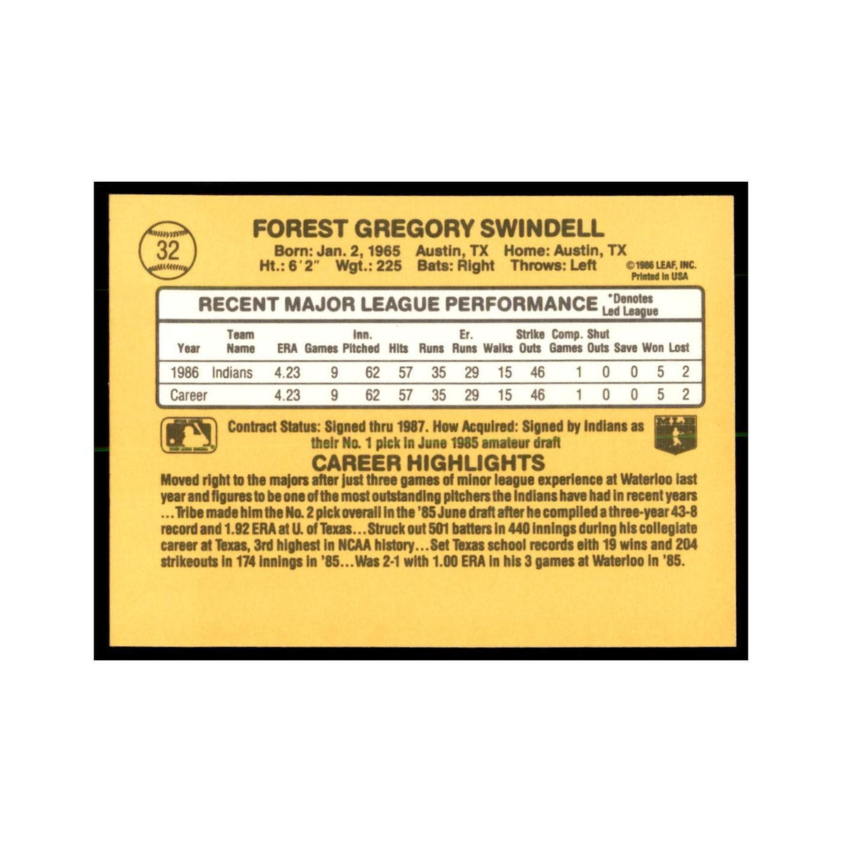 1987 Donruss Greg Swindell RC Baseball Cards #32
